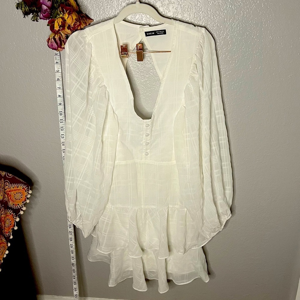 SHEIN | white ruffle minidress long pleasant sleeves & keyhole back; size 6.nwot